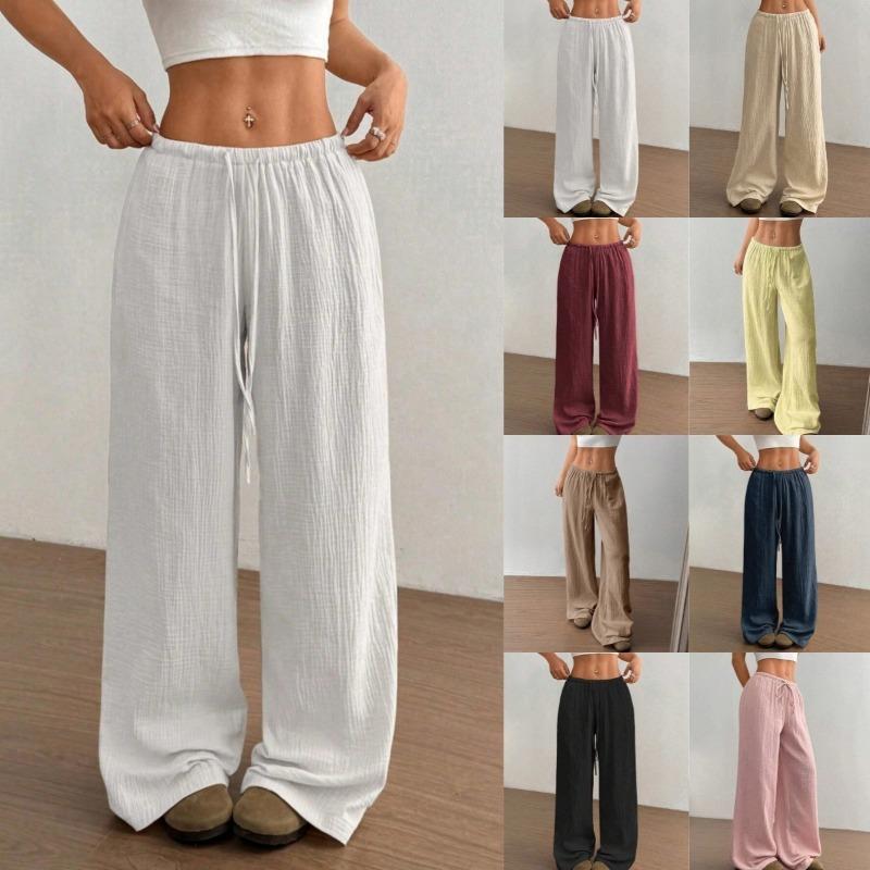 Women S Casual Solid Color Wide Leg Pants Elastic Waist Loose Trousers 8 Colors