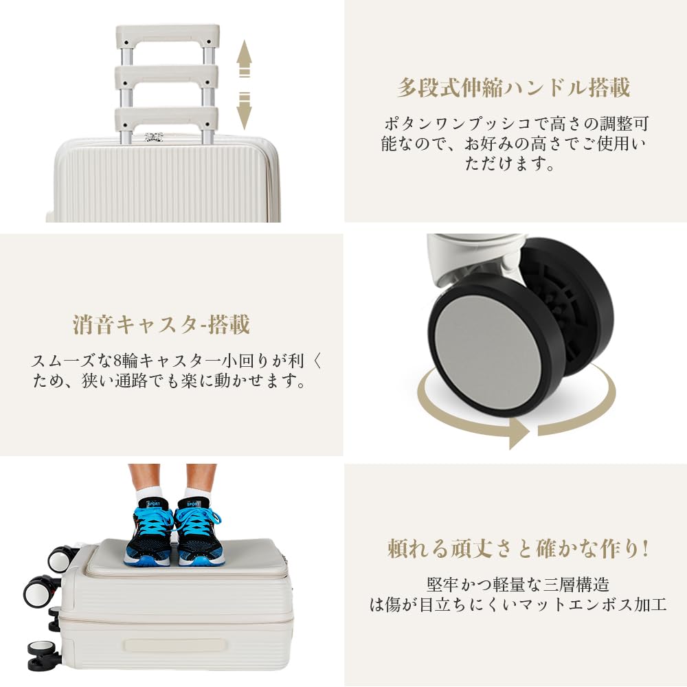 Carry Suitcase Ultra Includes USB S Large Business White [MULARDA] Front-Opening Case, Carry-on, Shockproof, Lightweight, Port, Size, Capacity, 1-3