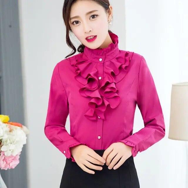 Spring Autumn New Stand Collar Ruffle Long Sleeve Blouse Women's Korean Professional Bottoming Shirt Solid Color Chiffon Shirt