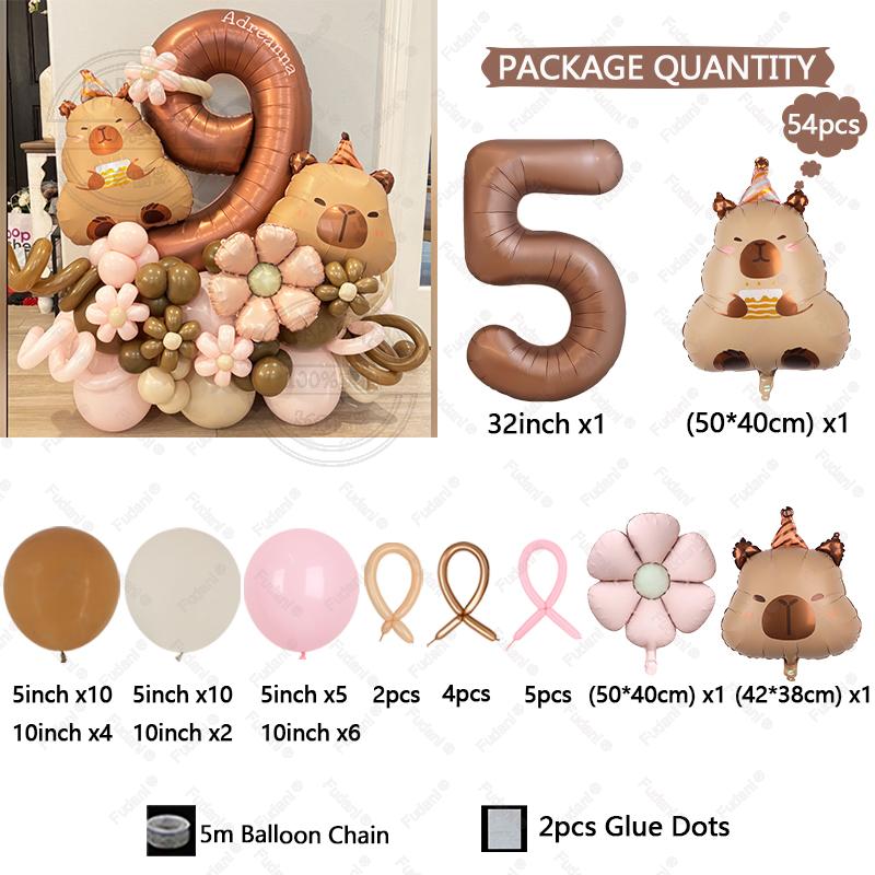 54pcs Retro Caramel Color Balloons Set Capybara Aluminum Foil Balloon Digital 1-9 Aluminum Film Ballons Birthday Party Supply