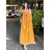 Plus size women clothing Chubby Girl Summer New Korean Style Loose Slimming Super Nice Temperament Yellow Tassel Sling Dress
