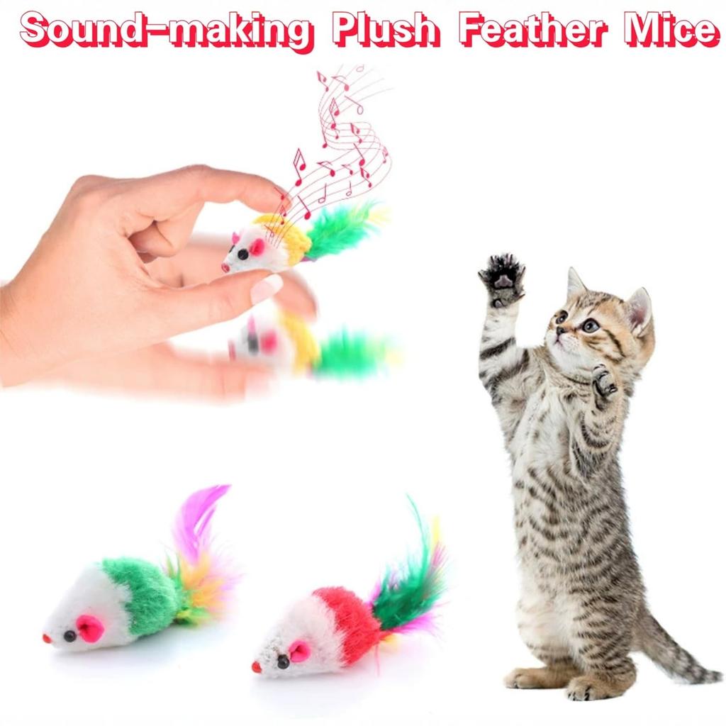 Electspark Toys, Furry Rattle Mouse Toy Interactive Toy with Feather Tail, Faux Toy 5.5” Realistic Size Mice Toy for Bored Indoor Adult