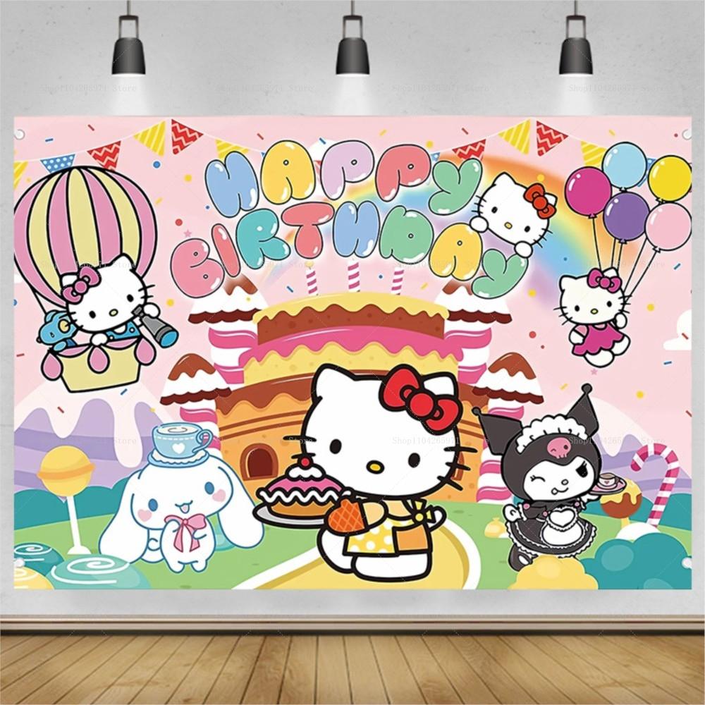 Hello Kitty Happy Birthday Backdrop Cute Pink Cartoon Theme Kids Girls Baby Shower Party Photo Background Banner Decor Supplies