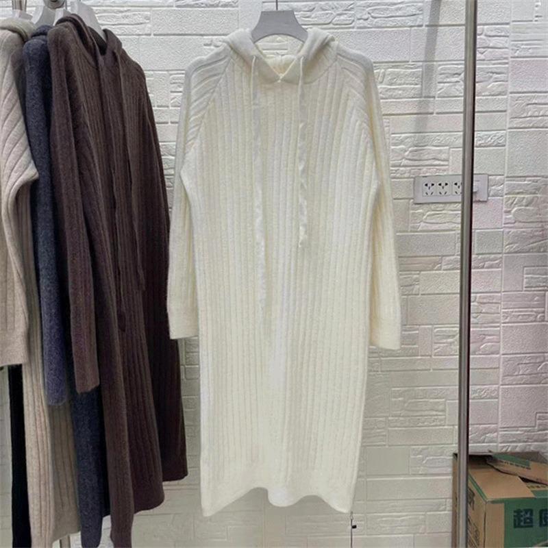 Long over-knee sweater skirt top women's autumn and winter new loose long-sleeved hooded knitted dress women's fashion trend