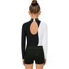 Girls Gymnastics Leotard Mock Neck Mesh Sleeve Rhinestone Color Block Dance Shorts Headband Set