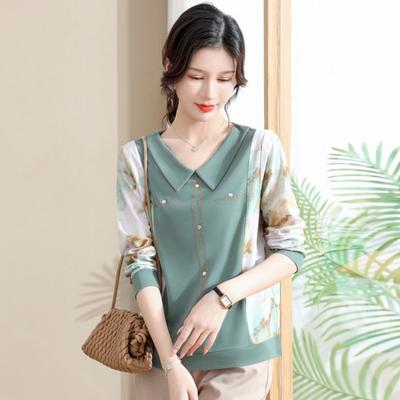 Spring and Autumn New Floral Thin Shirt Doll Collar Bottoming Shirt Women's Middle-aged and Old Women's Clothing Bronzing