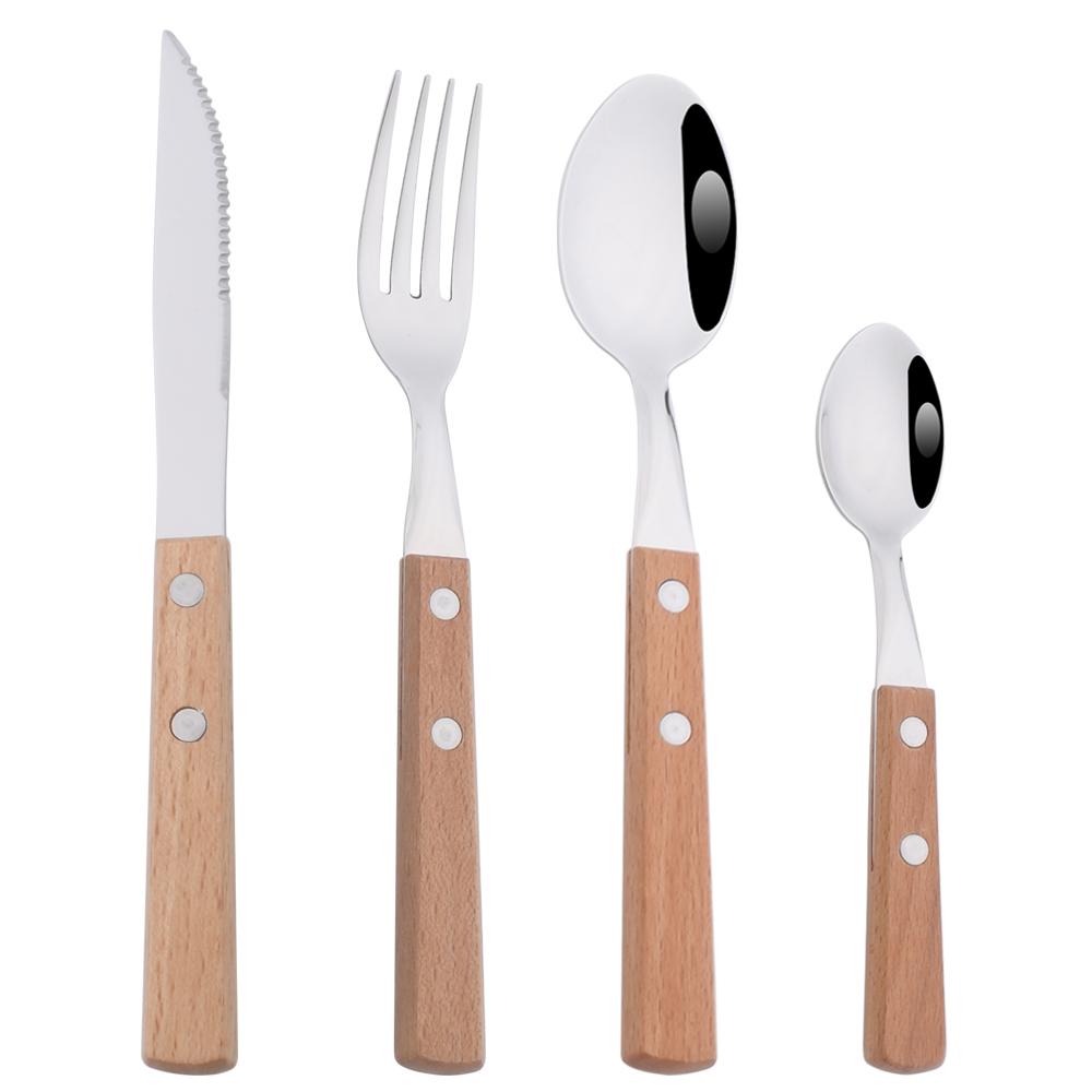

Jankng 304 Нержавеющая сталь 4/8 шт. Набор столовой посуды с заклепками Дизайн Набор деревянных столовых приборов Западный нож для стейка Ложка Вилка Посуда Кухонные столовые приборы 4PCS дубильная кора