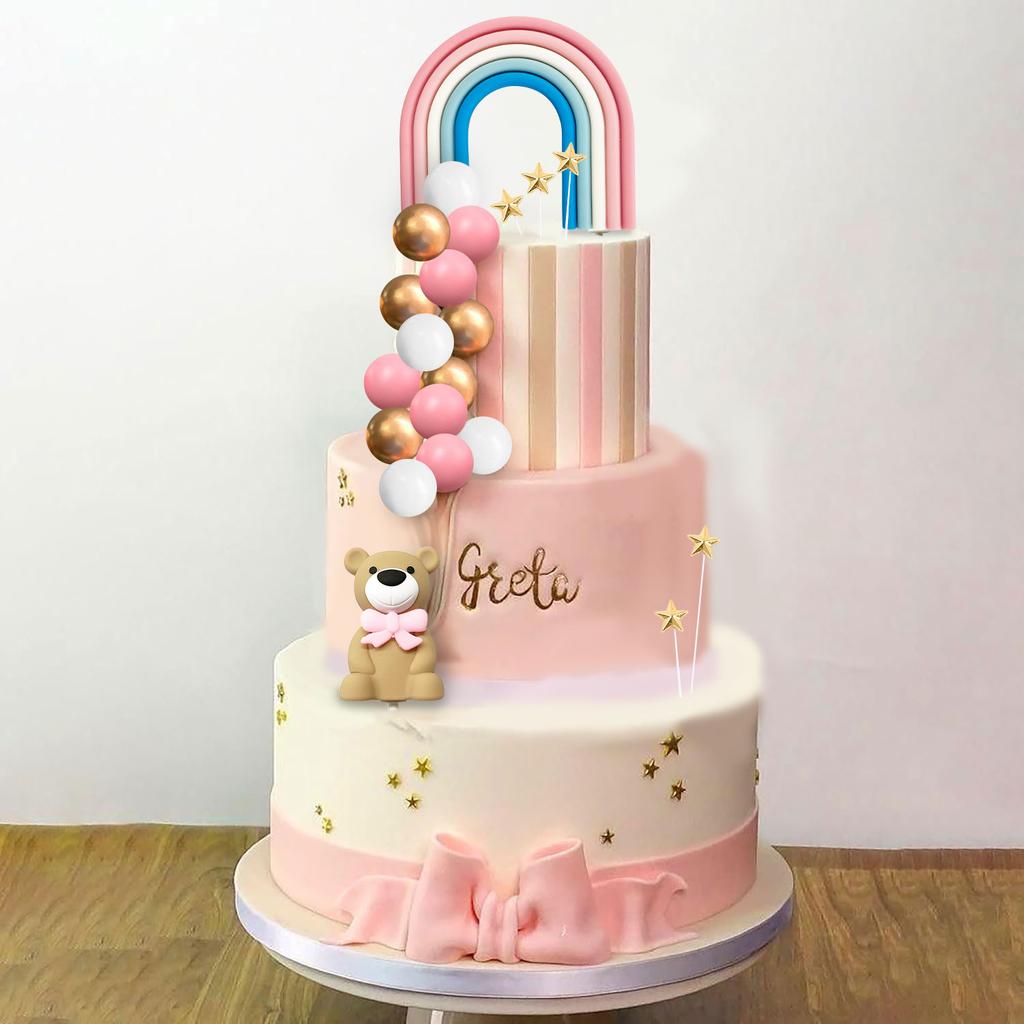 22pcs Pink Bear Cake Decoration Pink White Blue Rainbow Golden Ball Star Cake Top Baby Girl Shower Birthday Cake Decoration