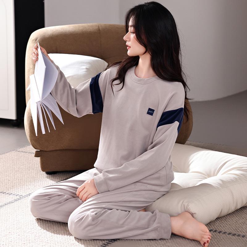 Island Fleece Pajamas Women'S Autumn And Winter Thin Fleece Round Neck Pullover Coral Fleece Loungewear Spring And Autumn Large Size Warm Suit
