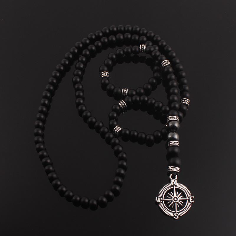 Matte Black Agate Alloy Compass Pendant Necklace - Classic Yoga Design