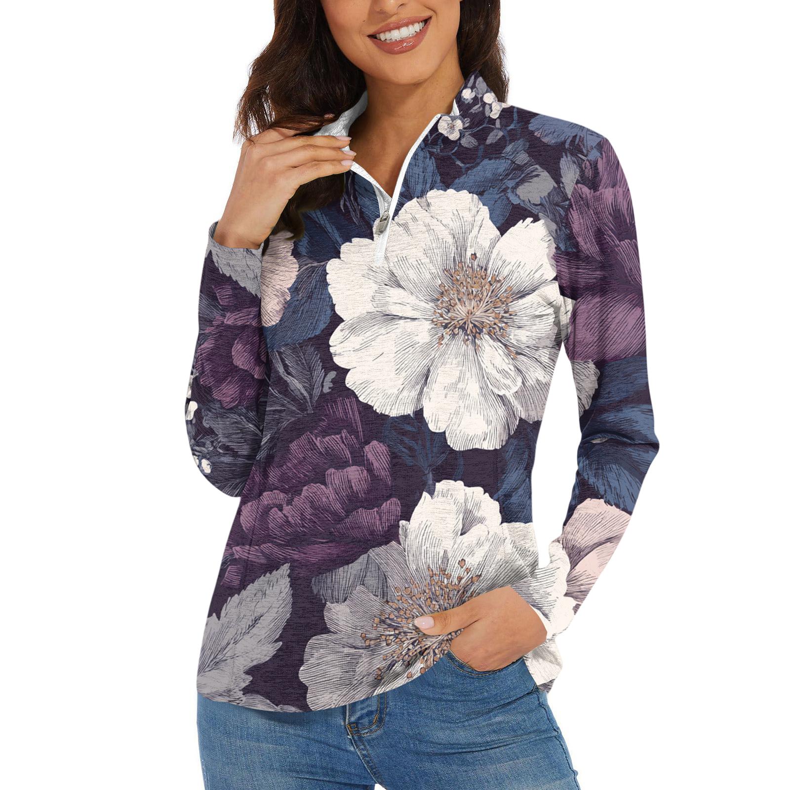 

Women s Casual Fashion Retro Floral Print Long Sleeve Zipper Neck Top T-shirt XL фіолетовий