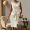 Women Sleeveless Bodycon Dress Ruched Bow Tie Side Slit Midi Dress Lady Formal Cocktail Party Work Dress