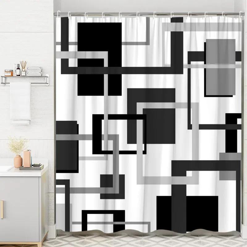 Moderní geometrická sprchová závěs s pruhovanými křivkami Černobílé čtverce Minimalistická neutrální dekorace do koupelny