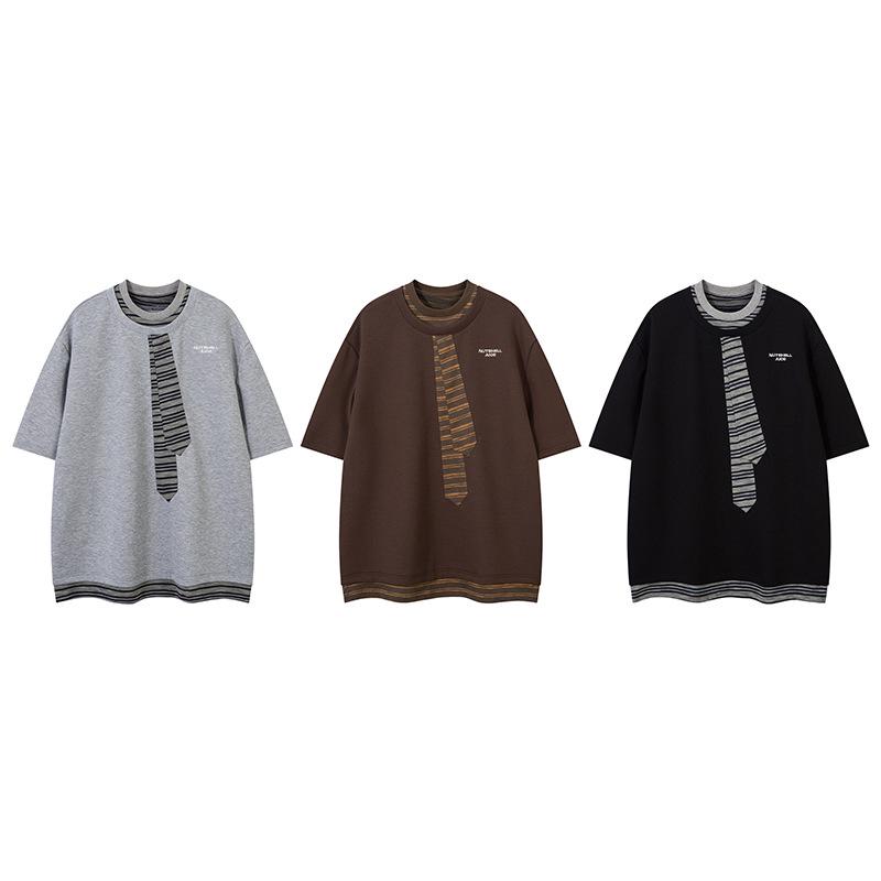 Men's Casual Short Sleeve Color Block Crew Neck T-Shirt with Embroidered Tie Design