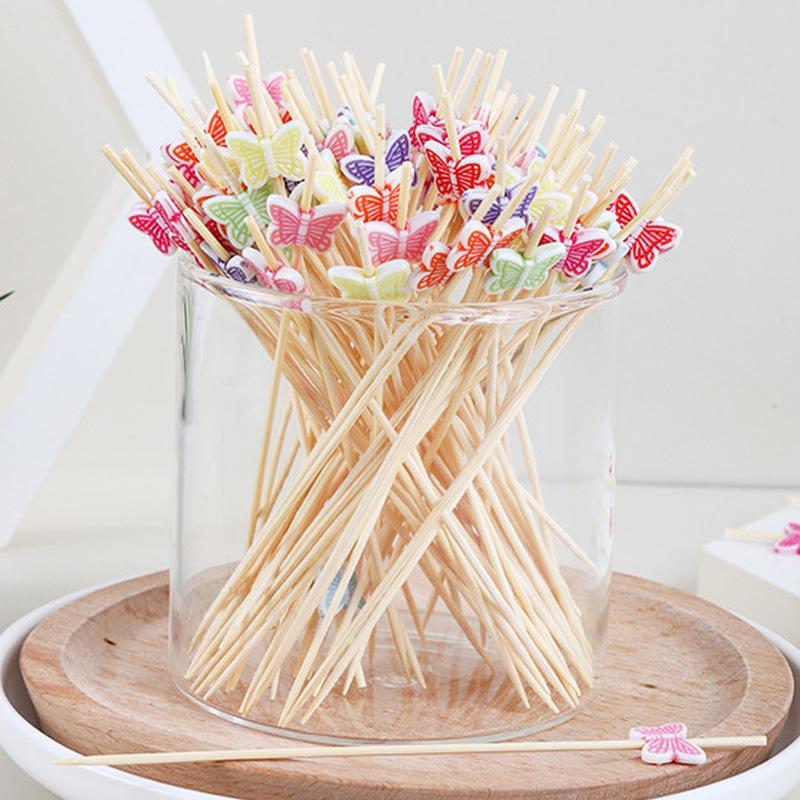 100Pcs Butterfly Disposable Bamboo Skewers Food Cocktail Picks Buffet Fruit Cupcake Fork Sticks Party Table Decoration Supplies
