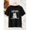 Women'S Cat And Coffee Pattern T-Shirt | Comfortable And Breathable  Round Neck Short-Sleeved Casual Top, Simple Summer And Spring Women'S Clothing