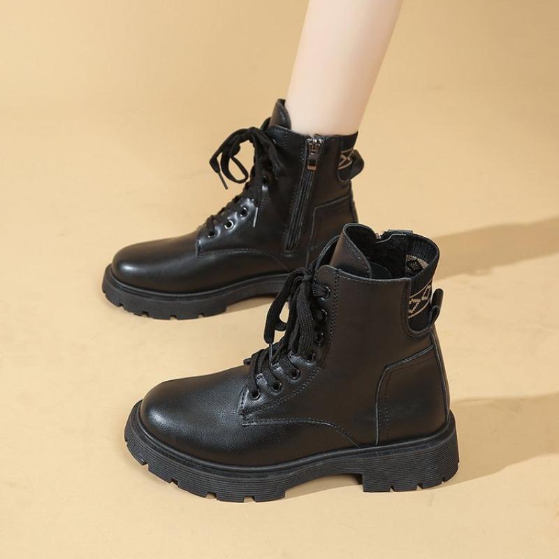 Fleece Martin boots women's short boots autumn and winter new British boots zipper heightened lace-up thick-soled single boots