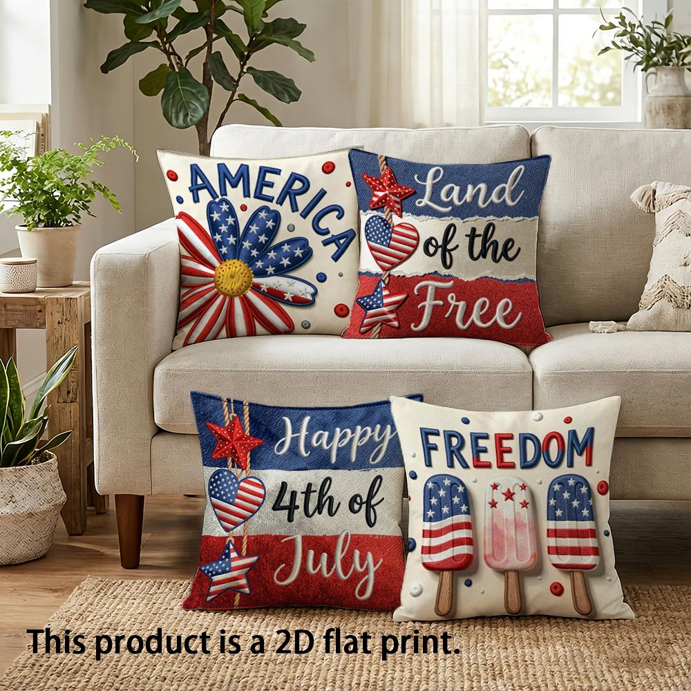 1/4Pcs America-Themed 4Th Of July Happy Freedom Land Of The Free Pillows Sofa Bed Cushion Cover Home Decoration 2D Flat Printing