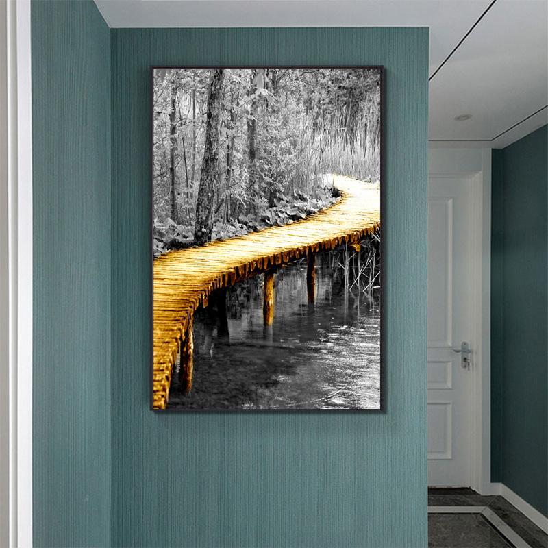 Golden Bridge Tree Lake Scene Black Landscape Poster Print Canvas Paintings Wall Art Pictures for Living Room Home Decor Cuadros No Frame