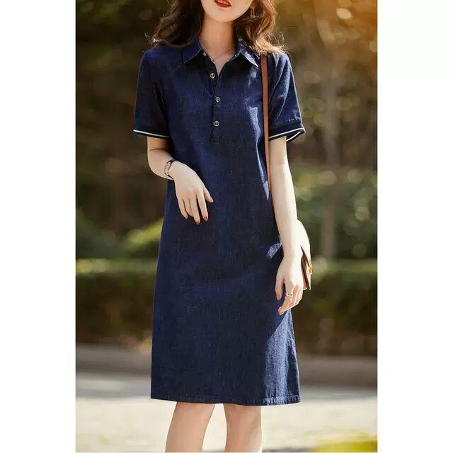 

2025 summer new temperament POLO collar retro loose intellectual a word medium and long denim dress, women XXL джинсовий синього кольору