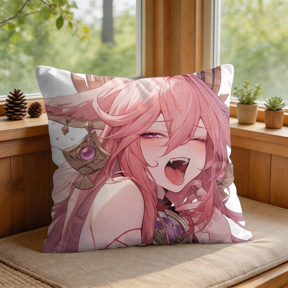 Yae Miko Genshin Impact Cushion Cover Square Short Plush Pillow Case Living Room Sofa Home Decor Funda X