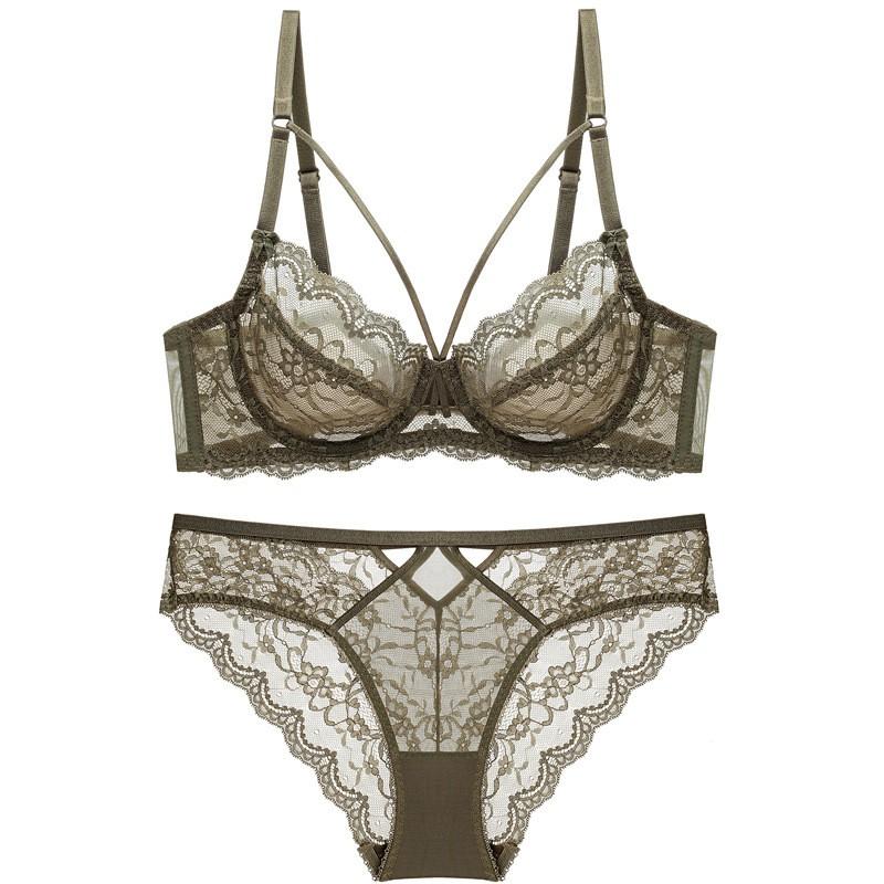 Womens Lace Ultra-thin Non-padded Transparent Bra Set Push Up Bust Minimizer