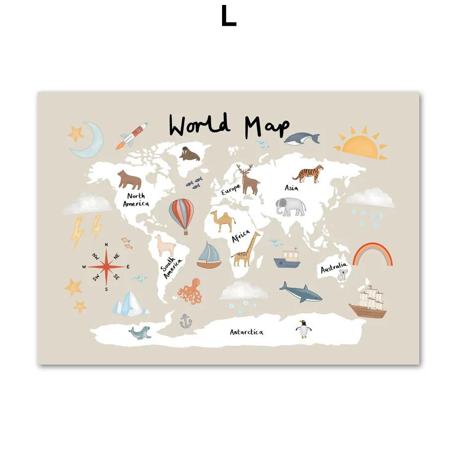 

Woodland Alphabet World Map Posters for Kids Room Decor, Wall Pictures, Seasons, Shapes, Leaf, Weather Chart, Fish, USA, Canvas 21x30cm No Framed