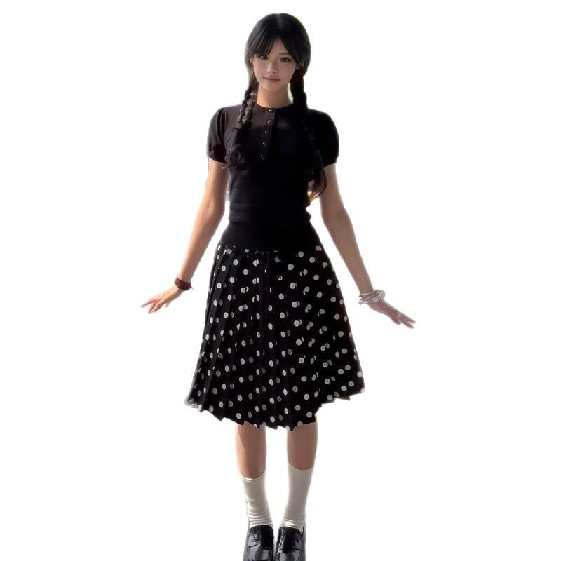 Black Polka Dot Pleated Skirt Skirt Women's Summer Beautiful Wear Miu Skirt a Word Short Skirt Summer Suit