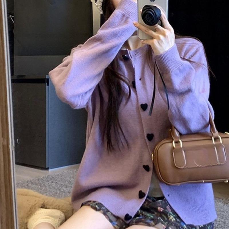 Lazy Knitted Cardigan Spring and Autumn Sweater New Loose and Thin Love Button Long Sleeve Jacket Top Women