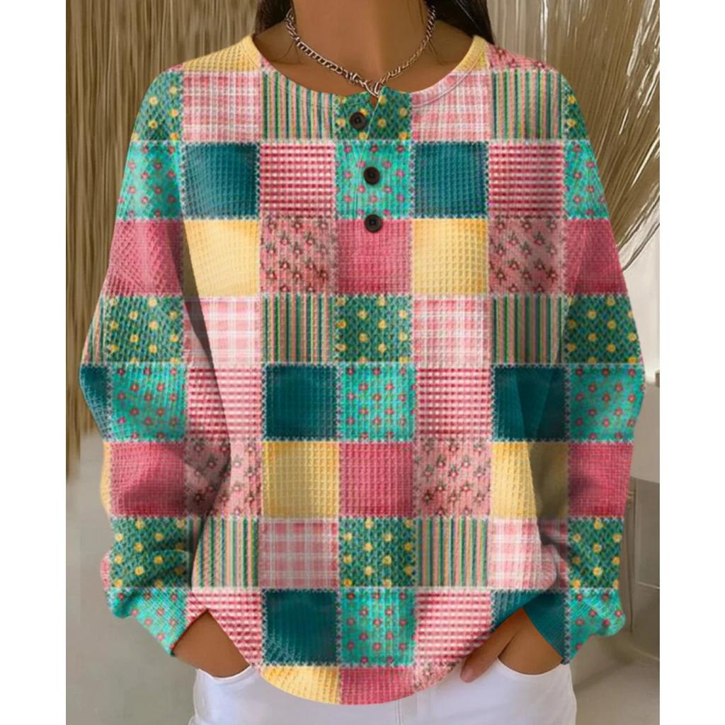 Women's Crew Neck Long Sleeve Waffle Knit Henley Top Loose Fit Casual Sweatshirt