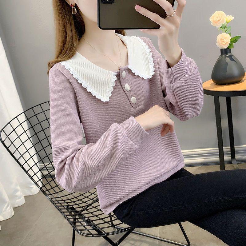 2025 Spring Women's Korean Style Lace Trim Peter Pan Collar Long Sleeve Sweater