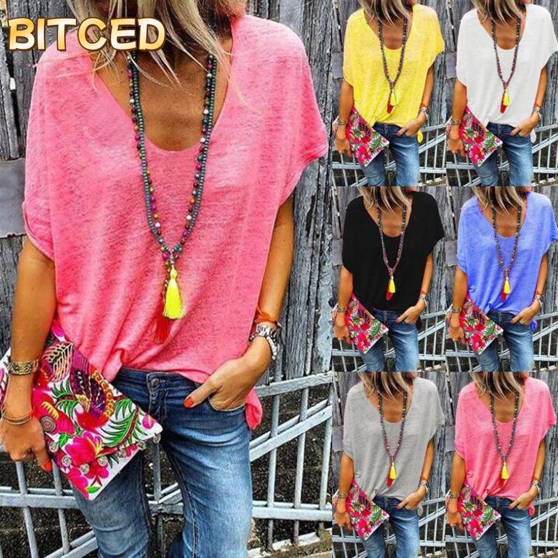BITCED Women's Fashion Casual Solid Color Print Short Sleeve Blouses & Shirts