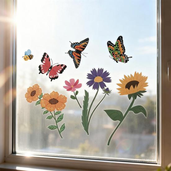 8 Sheets Spring Window Clings Butterfly Flower Hummingbird Window Decals to Prevent Bird Strikes Reusable Static Sticker for Glass Windows