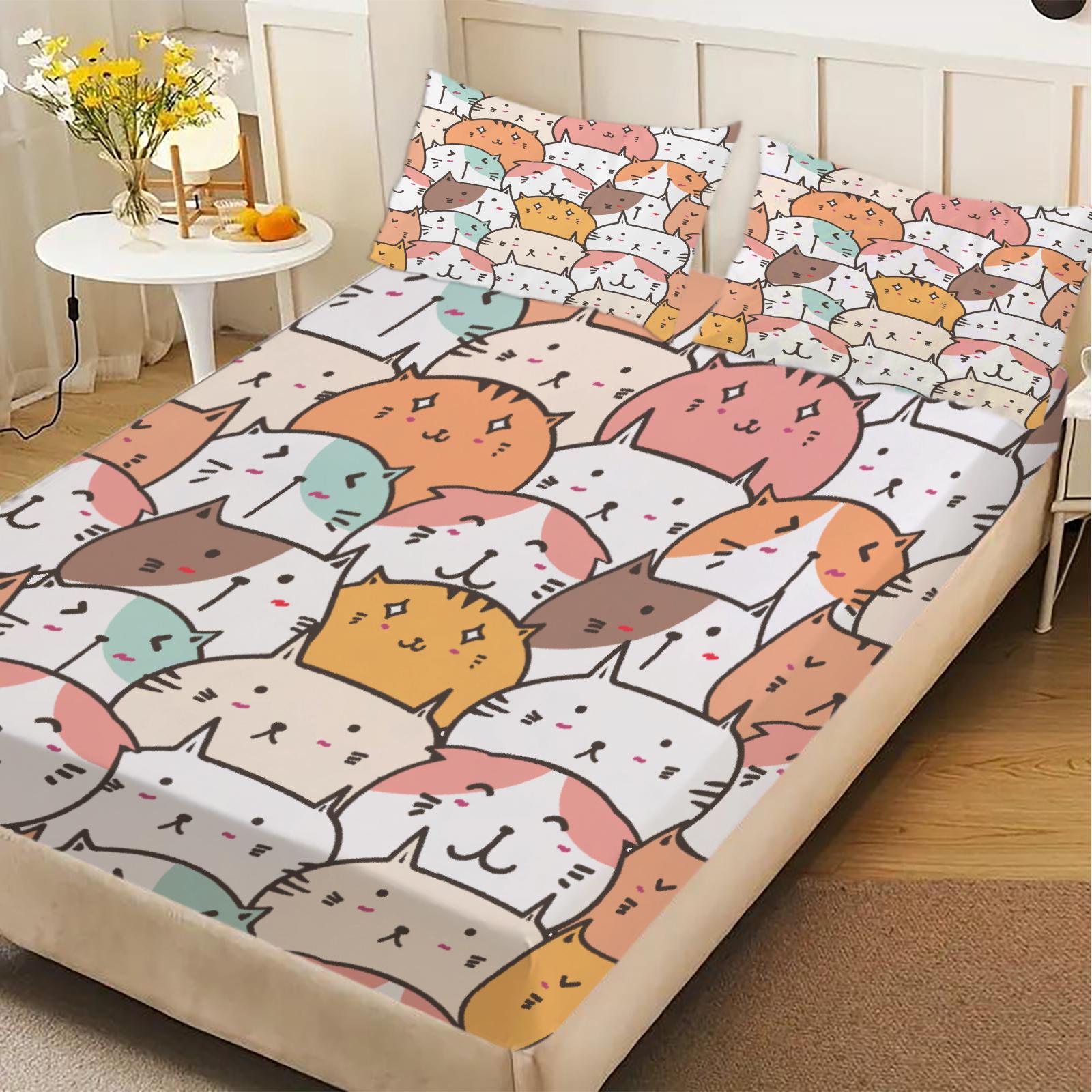 

3pcs Fitted Sheet Set Cute Cat Faces Pattern Print Bed Sheet Stain Resistant With Pillowcases For Bedroom Decor 150x200x25cm