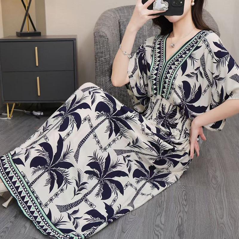 25th Anniversary Ethnic V-Neck Rayon Short Sleeve French-Thai Print Holiday Dress for Women