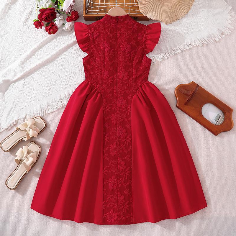 Girls' Fashionable Dress for Summer Children's Red Embroidered Plaid Waist-length Formal Princess Dress