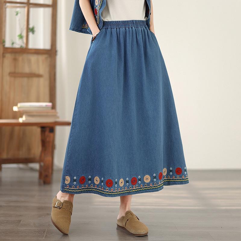 

Women s Spring/Summer Embroidered Denim Vest and Skirt Set Medium