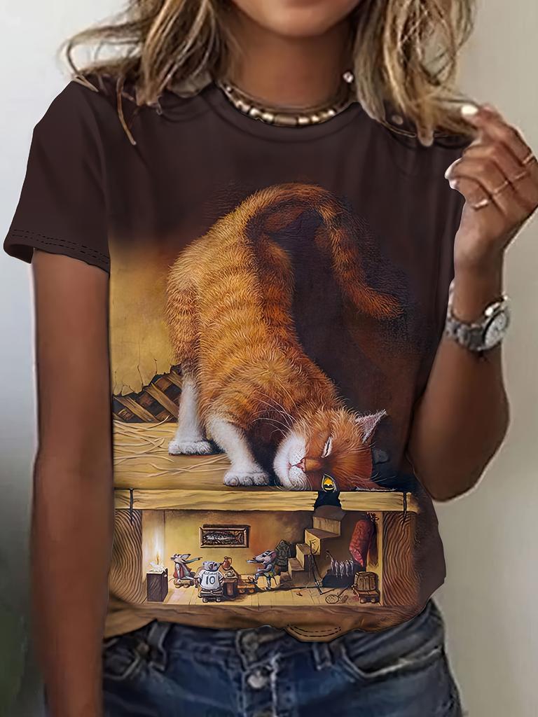 Women's T-Shirt Cat Print Design Harajuku Casual Short Sleeved Top Fashionable Trend Plus Size Women's Clothing