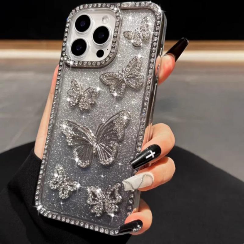 Glitter 3D Butterfly Shiny Case For iPhone 17 16 15 14 13 12 11 Pro Max Diamond Bling Sparkly Rhinestone Girls Pink Cute Cover
