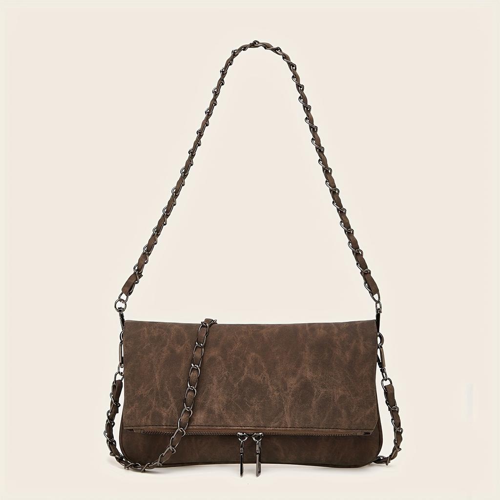 Retro-style Women's Chain Shoulder Bag with Detachable Shoulder Strap, PU Material Bag with Zipper Opening and Closing