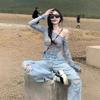 Women's Off Shoulder Long Sleeve Mesh Top Slim Fit Tie Dye Printed Asymmetric Hem Y2K Fashion Crop Top