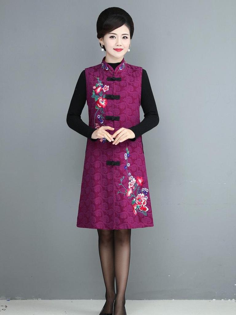 Women's Ethnic Embroidered Fleece Vest - Mid-length, Sleeveless Tang Suit for Spring & Autumn