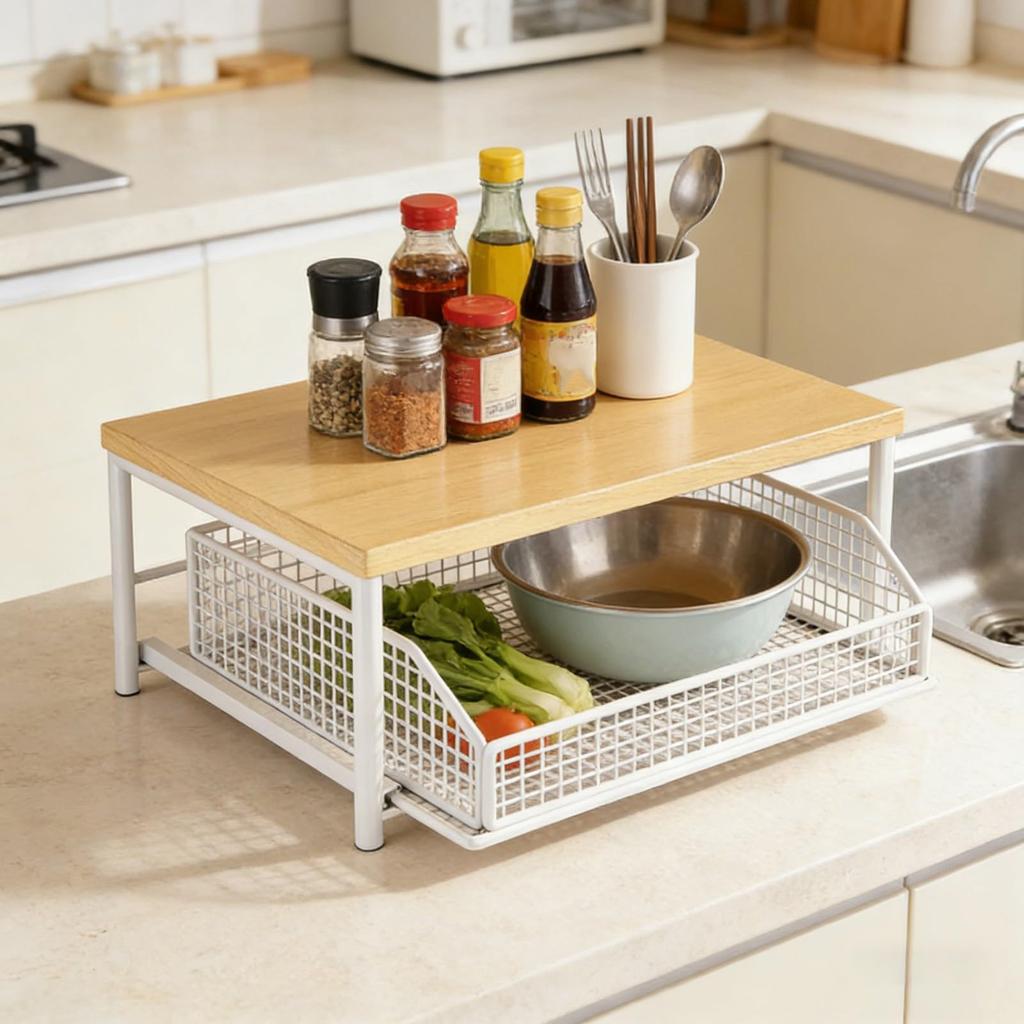 Multi Functional Storage Rack with Metal Mesh Drawer and Sturdy Wood Top Shelf for Home Office Kitchen Organization