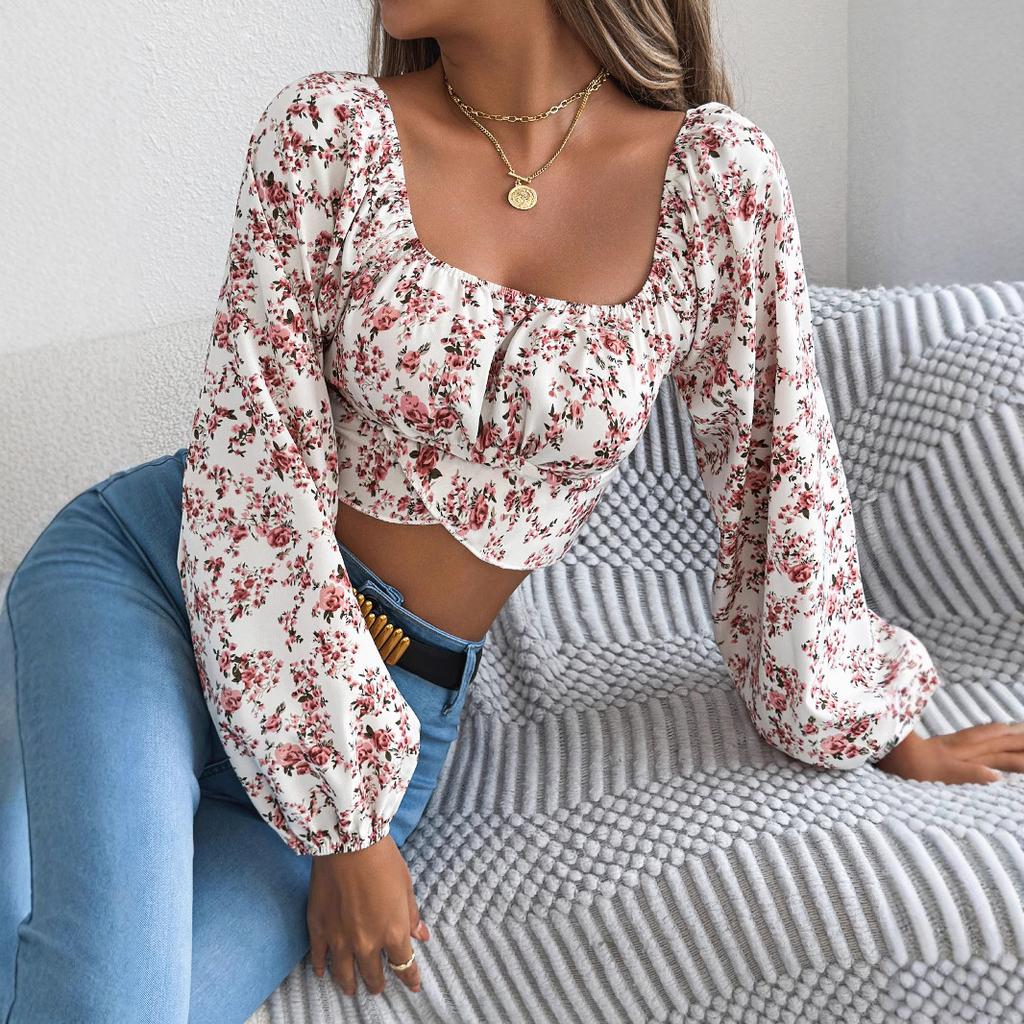 Φθινοπωρινό Τοπ με Φλοράλ Μανίκια Φανάρι, Δέσιμο, Σούρα στη Μέση, Κοντό για Γυναίκες