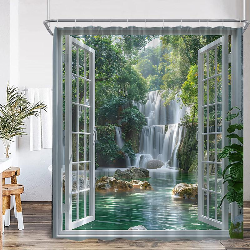 Waterfall Landscape Shower Curtain Forest Lake Window Outside Nature Scenery Modern Home Bathroom Decor Bath Curtains With Hooks