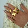 Fashion Brown Stone Irregular Opening Rings Set for Women Luxury Gold Color Wrinkled Lines Finger Rings Personality Wear Zircon