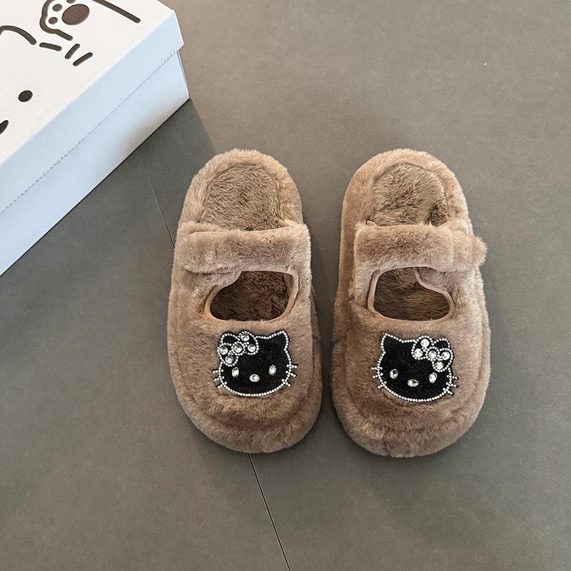 Cute cartoon Hello Kitty thick bottom plush star half slippers 2025 autumn and winter new outer wear female punk style