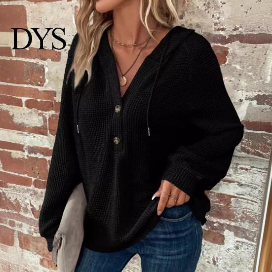 Waffle Knit Pullover Women Fall Winter Top Hooded Loose Buttons Drawstring Hoodie Pure Color Long Sleeves Daily Wear Sport Blouse