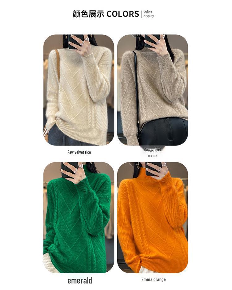 Women's 100% Wool Knitted Sweater - Autumn/Winter, Thick, Semi-High Neck, Lazy Style