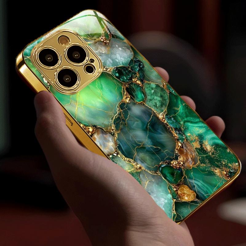 Green and gold rock patterned tempered glass phone case suitable for iPhone 17 16 15 14 13 12 11 Pro/Max/Plus shockproof